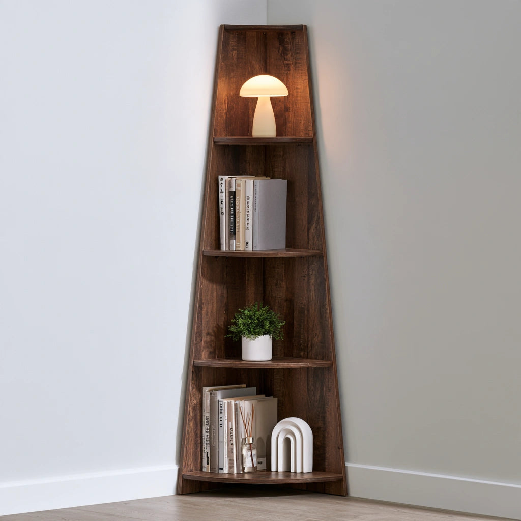 Libreria angolare in legno a cinque livelli, colore marrone scuro