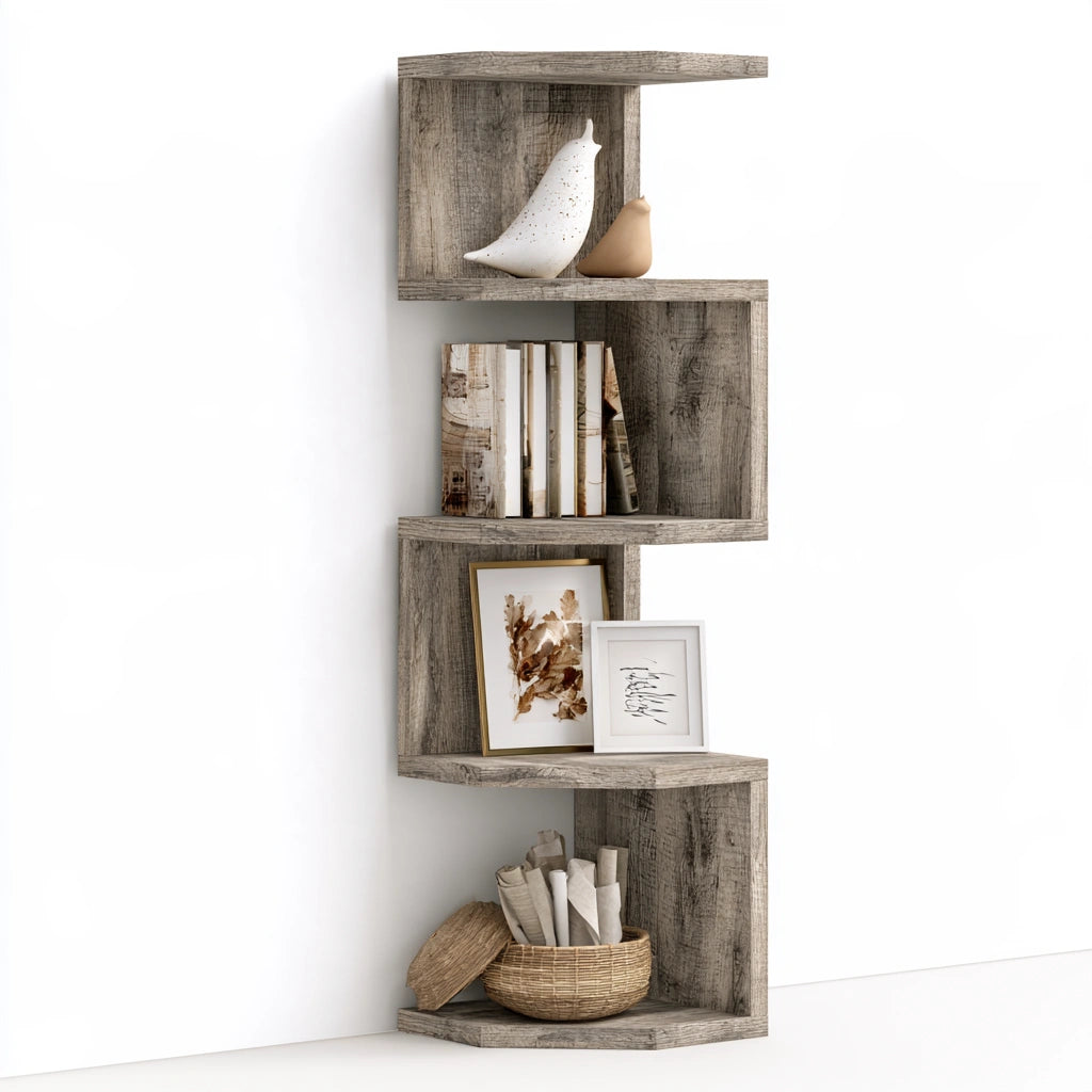 Scaffale angolare in legno a cinque livelli, colore grigio chiaro
