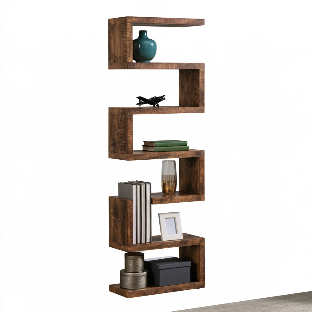 Libreria a giorno in legno a cinque livelli, colore marrone