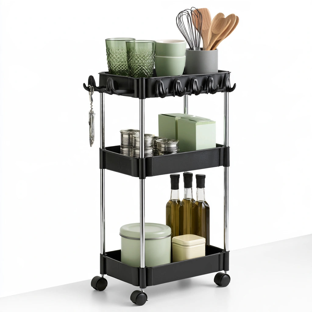 Carrello portaoggetti dalle linee essenziali su ruote a quattro livelli, colore nero