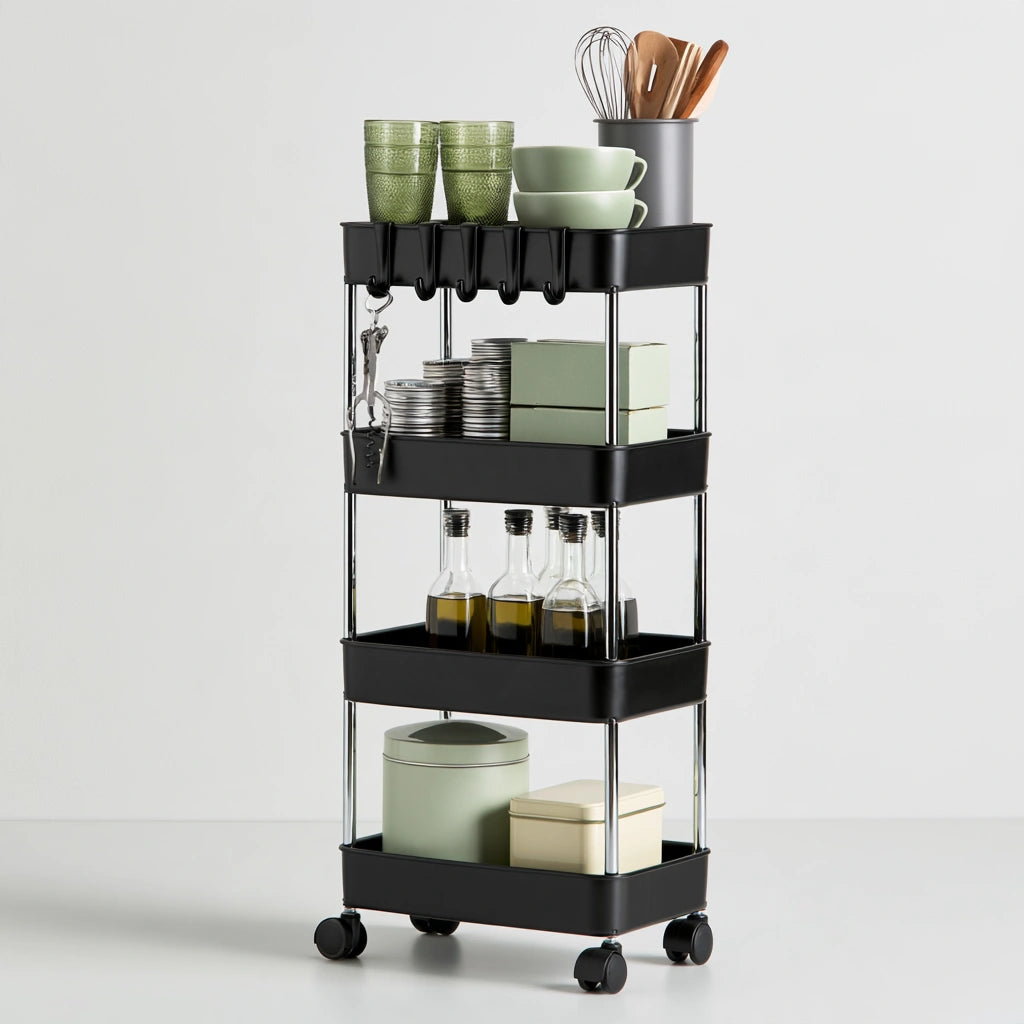 Carrello portaoggetti dalle linee essenziali su ruote a quattro livelli, colore nero